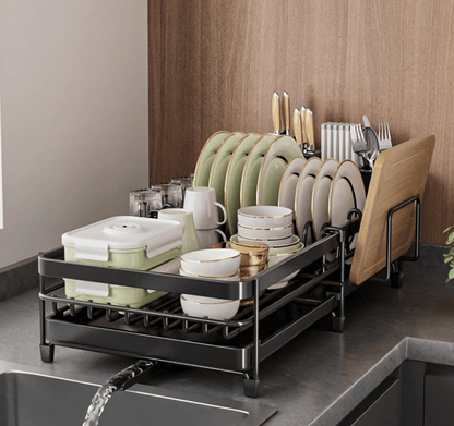 Multifunctional Dish Rack for Kitchen Counter, Anti - Rust Drying Dish Rack with Cutlery & Cup Holders, Black - Weshop876