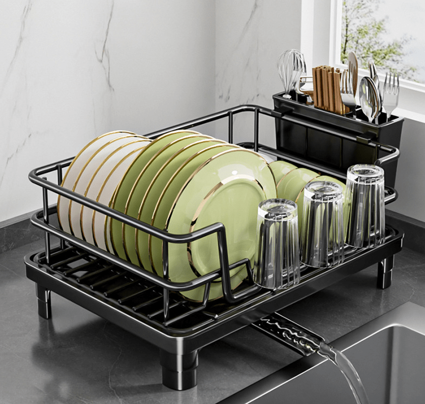 Multifunctional Dish Rack for Kitchen Counter, Anti - Rust Drying Dish Rack with Cutlery & Cup Holders, Black - Weshop876