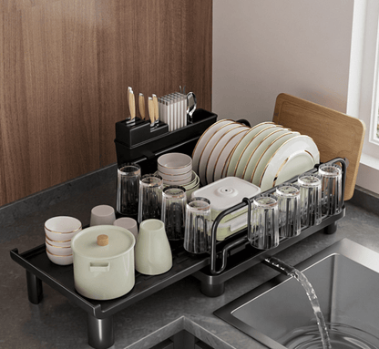 Multifunctional Dish Rack for Kitchen Counter, Anti - Rust Drying Dish Rack with Cutlery & Cup Holders, Black - Weshop876