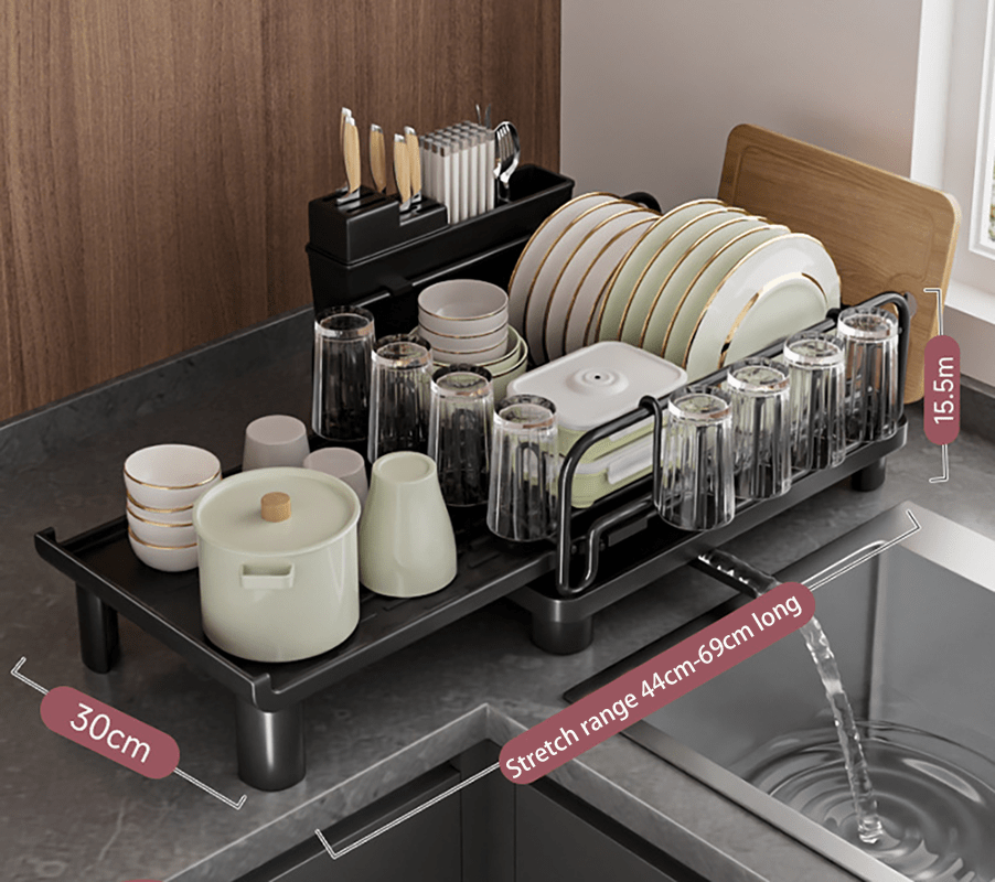 Multifunctional Dish Rack for Kitchen Counter, Anti - Rust Drying Dish Rack with Cutlery & Cup Holders, Black - Weshop876